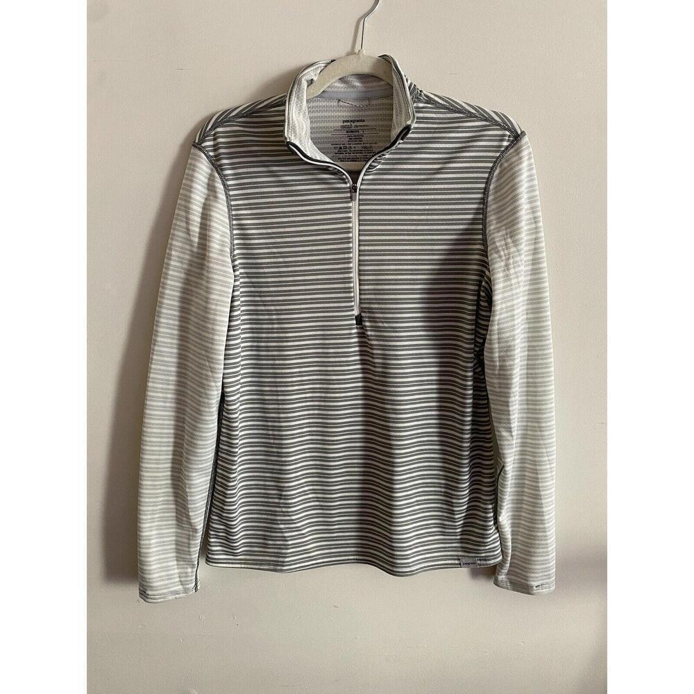 Patagonia Women's Sweatshirt Gray Striped Long Sleeve Mock Neck 1/4 Zipper Large